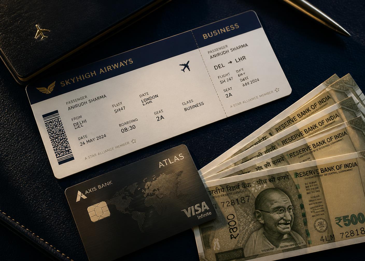 Boarding pass, premium credit card and Indian rupee notes representing miles sold for cash
